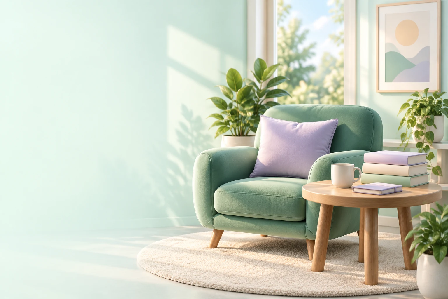 A calm mint and lavender workspace representing the next step after the course.