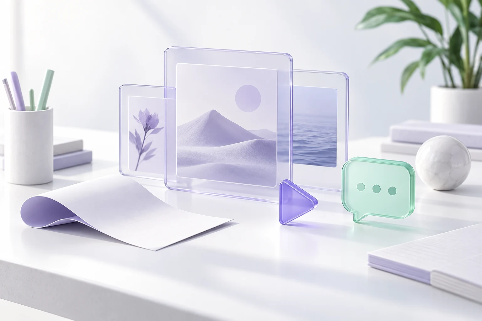 A collection of creative and organizational tools in white and lavender glass