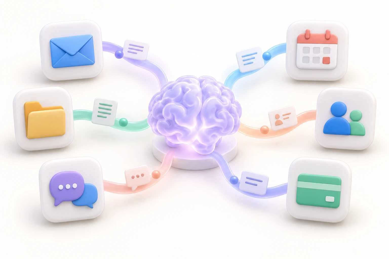 Email, files, chat, calendar, contacts, and payments connected to one central AI brain