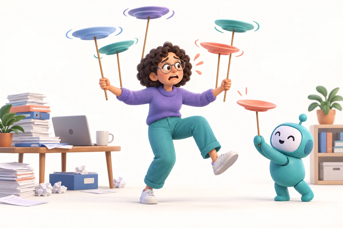 A business owner balancing spinning plates beside a cheerful teal helper
