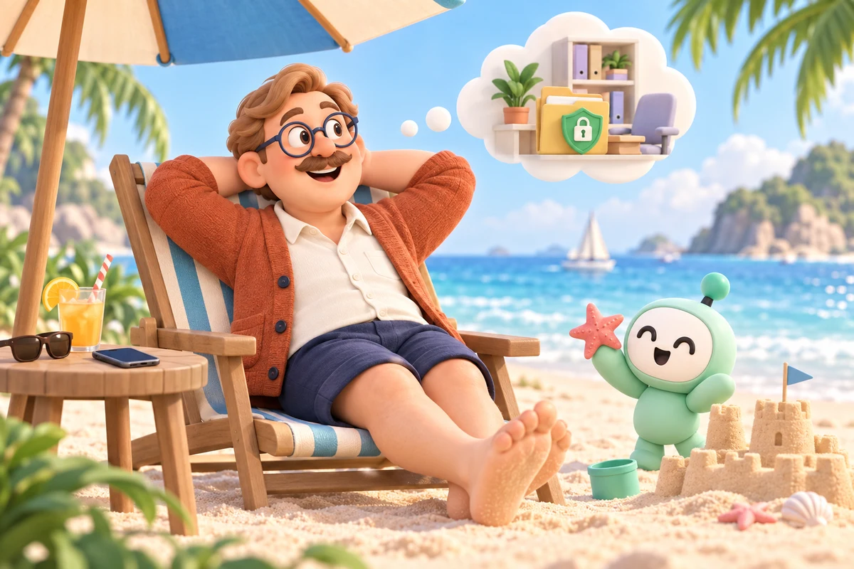 Dave enjoys vacation at beach, phone set aside, company knowledge safe at office shown in small thought bubble.