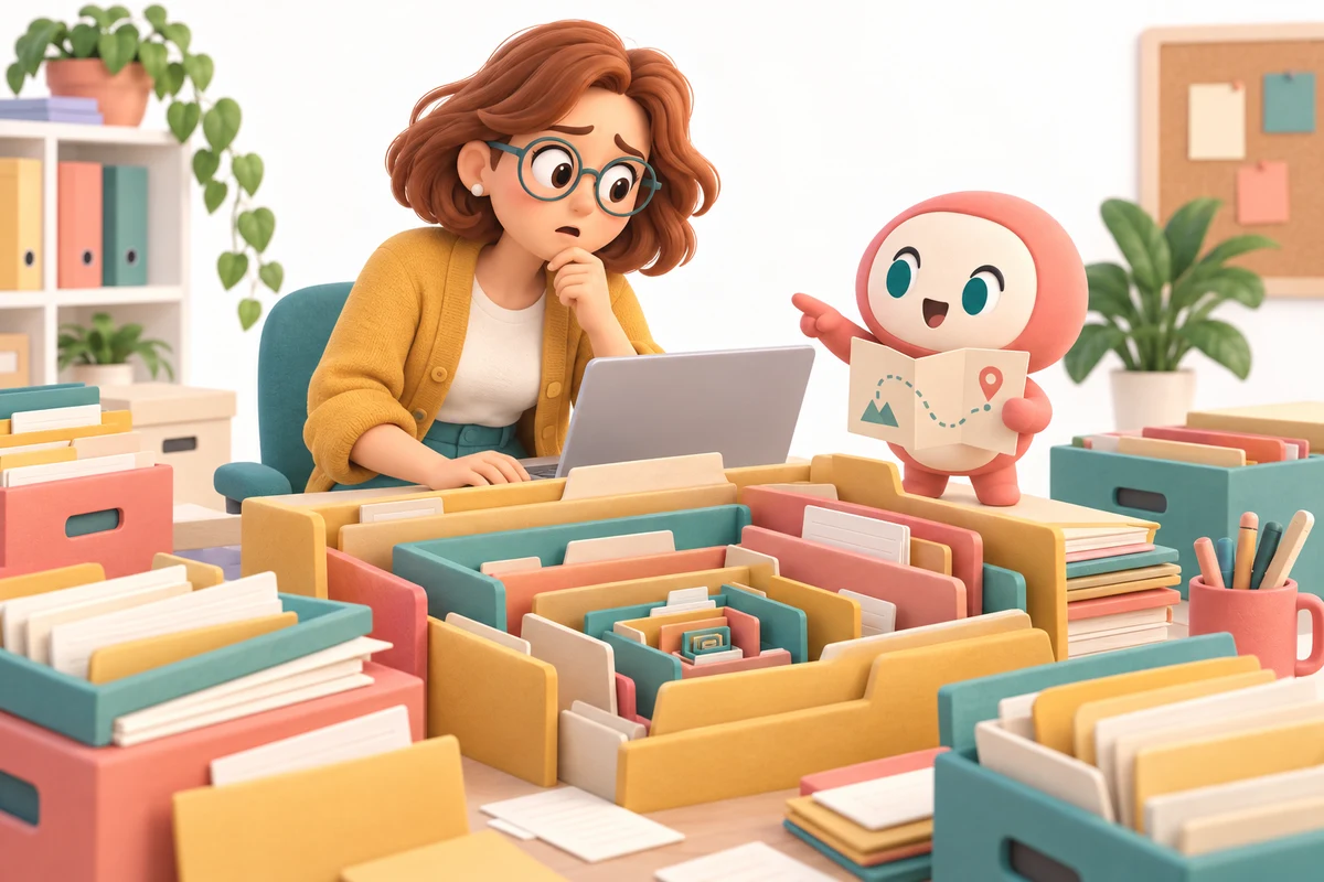 Emma searches for the right file among a maze of folders