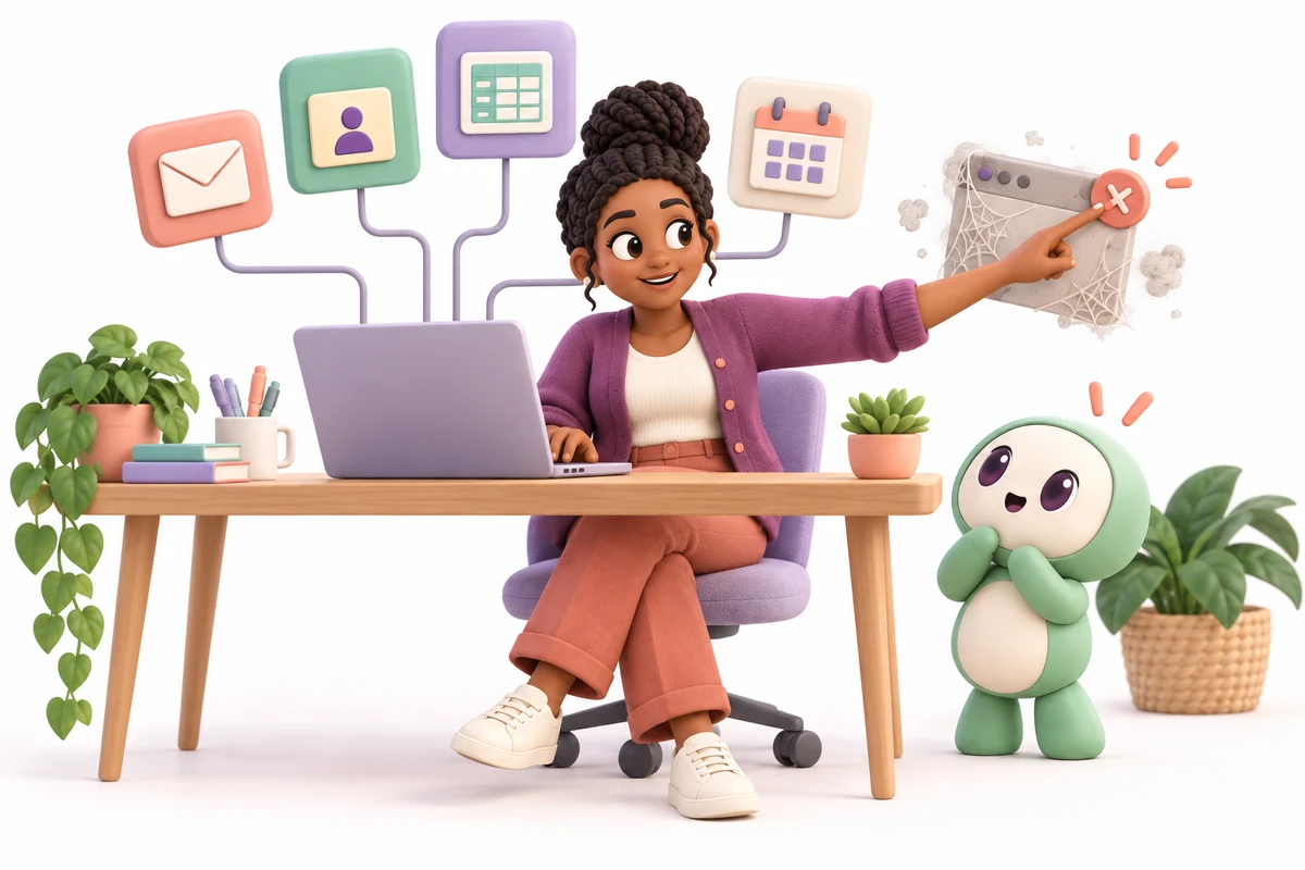 Lisa sits calmly at one laptop with connected tiles and a dusty mystery tab nearby