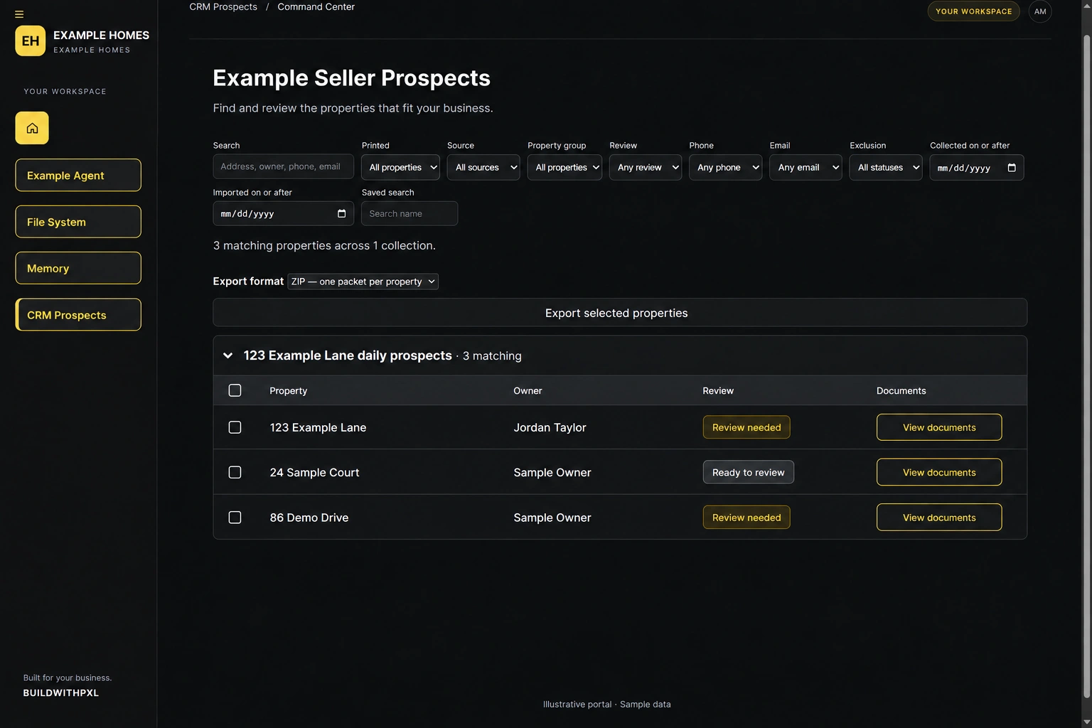 Sample portal prospect list