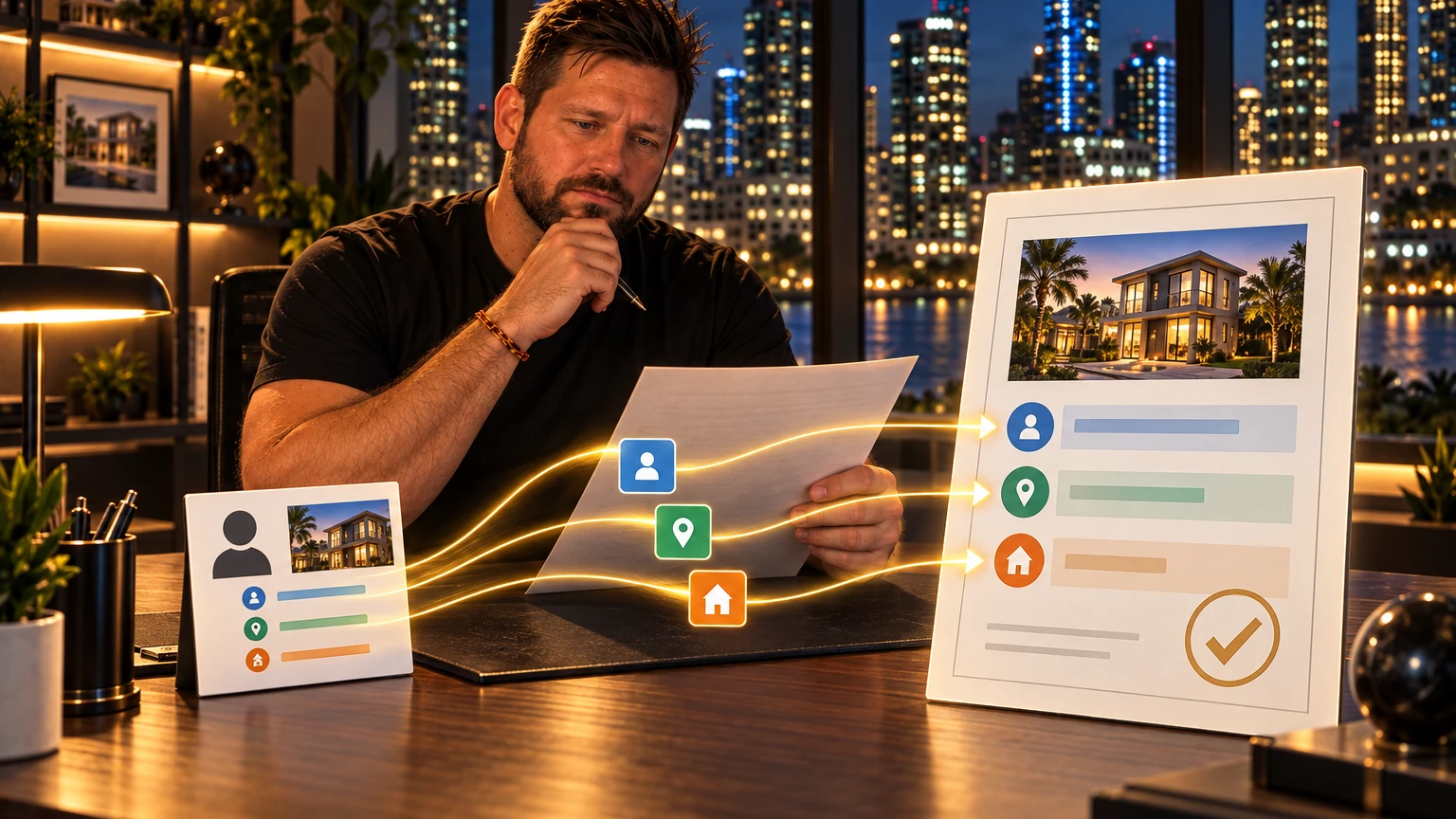 A saved contact card flows into an approved form while a person checks it