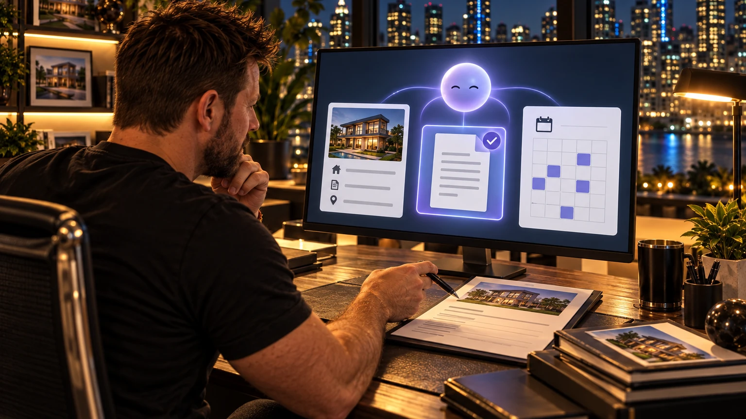 A realtor reviews a form beside a front-facing monitor with an AI companion, property notes, and a calendar
