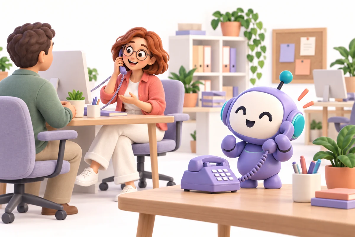 A lavender voice helper answers the office telephone.